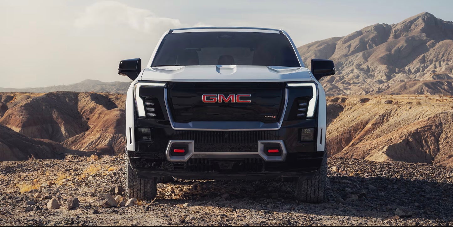 Front of new white 2026 GMC Sierra EV for sale in Weatherford, TX