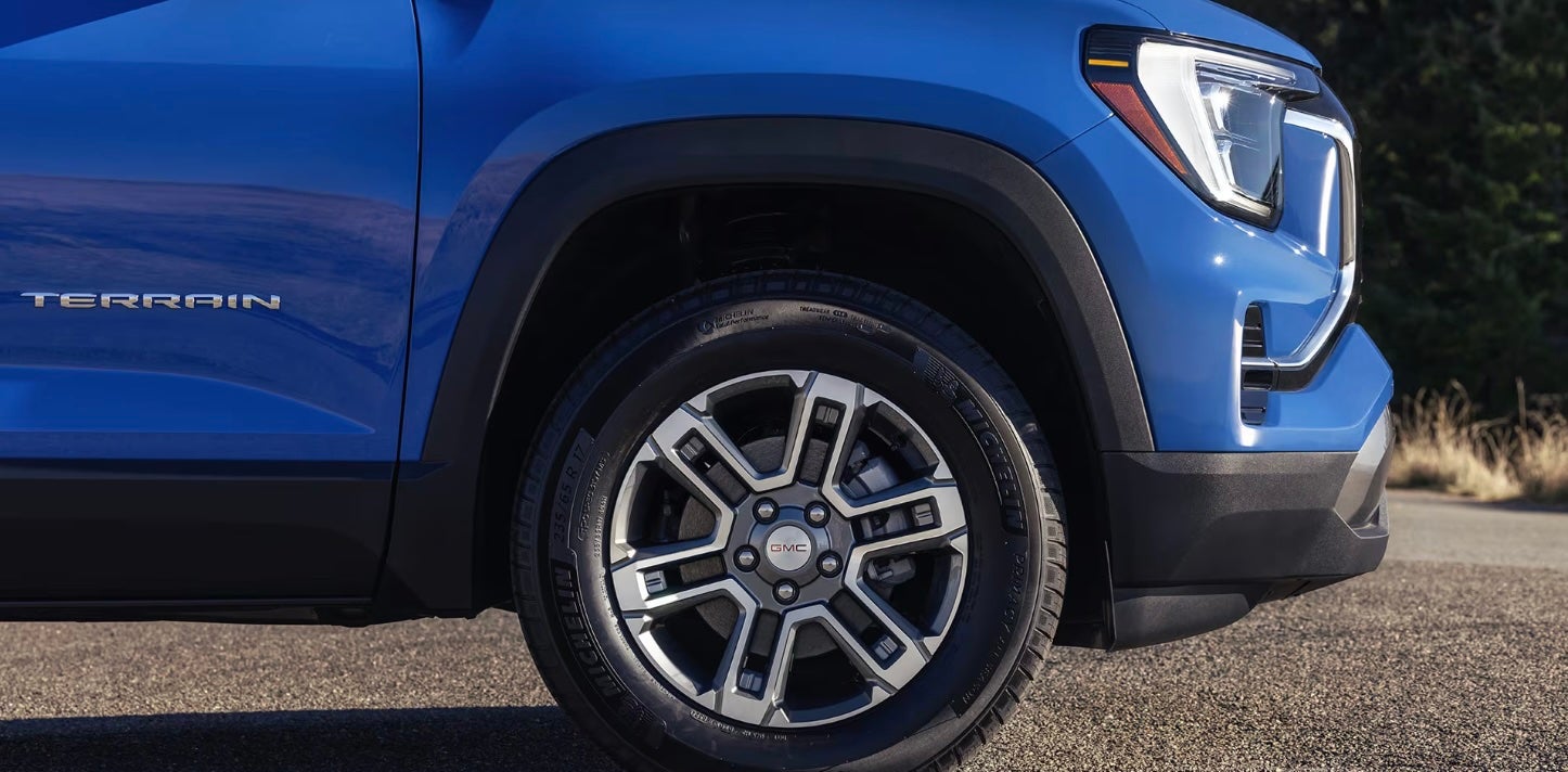 Passenger-side tire of blue 2026 GMC Terrain near Fort Worth, TX